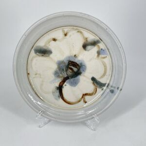 Handmade Studio Pottery Plate 7.5” Signed Art Ceramic Blue Brown Flower Glazed